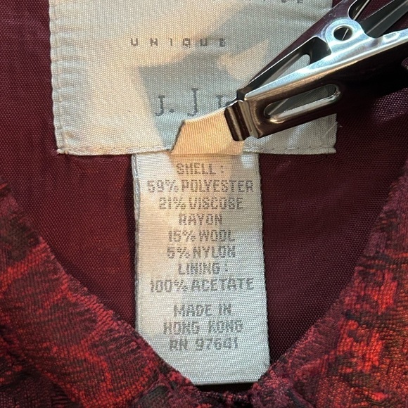 J Jill Vintage Wool Blend Brocade Damask Textured Burgundy Collar Jacket Large - Picture 12 of 13
